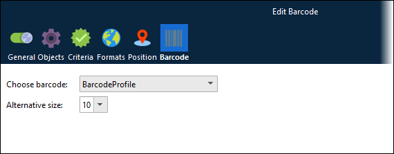 The Barcode tab of the Edit Barcode window when the user is adding a symbology-type barcode to the form.